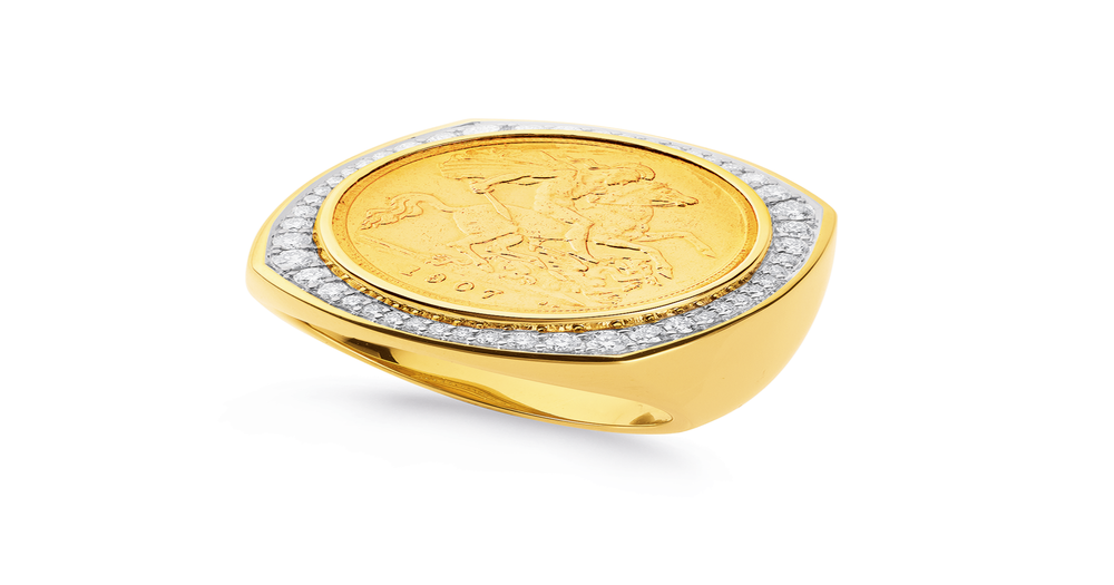 22ct Half Sovereign In 9ct, Diamond Ring Tdw=.58ct in White Stewart