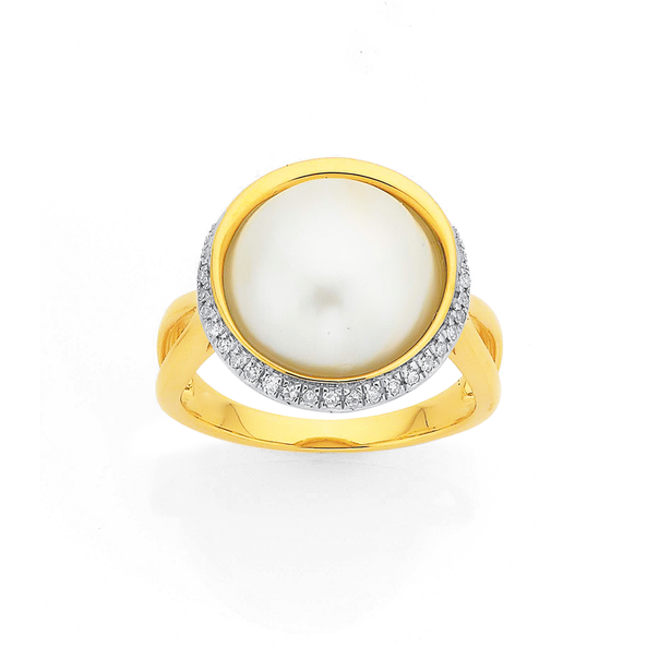 9ct 12mm Mabe Pearl with Diamond Halo Ring