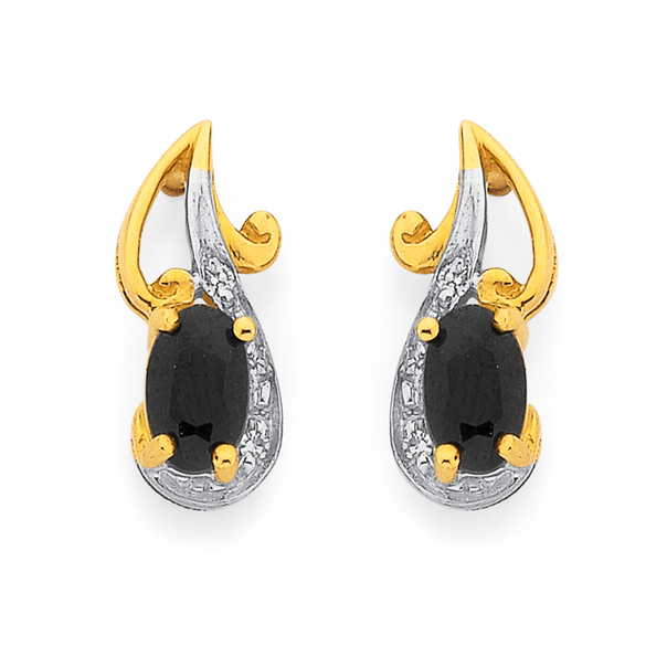 9ct Black Sapphire and Diamond Swirl Earrings