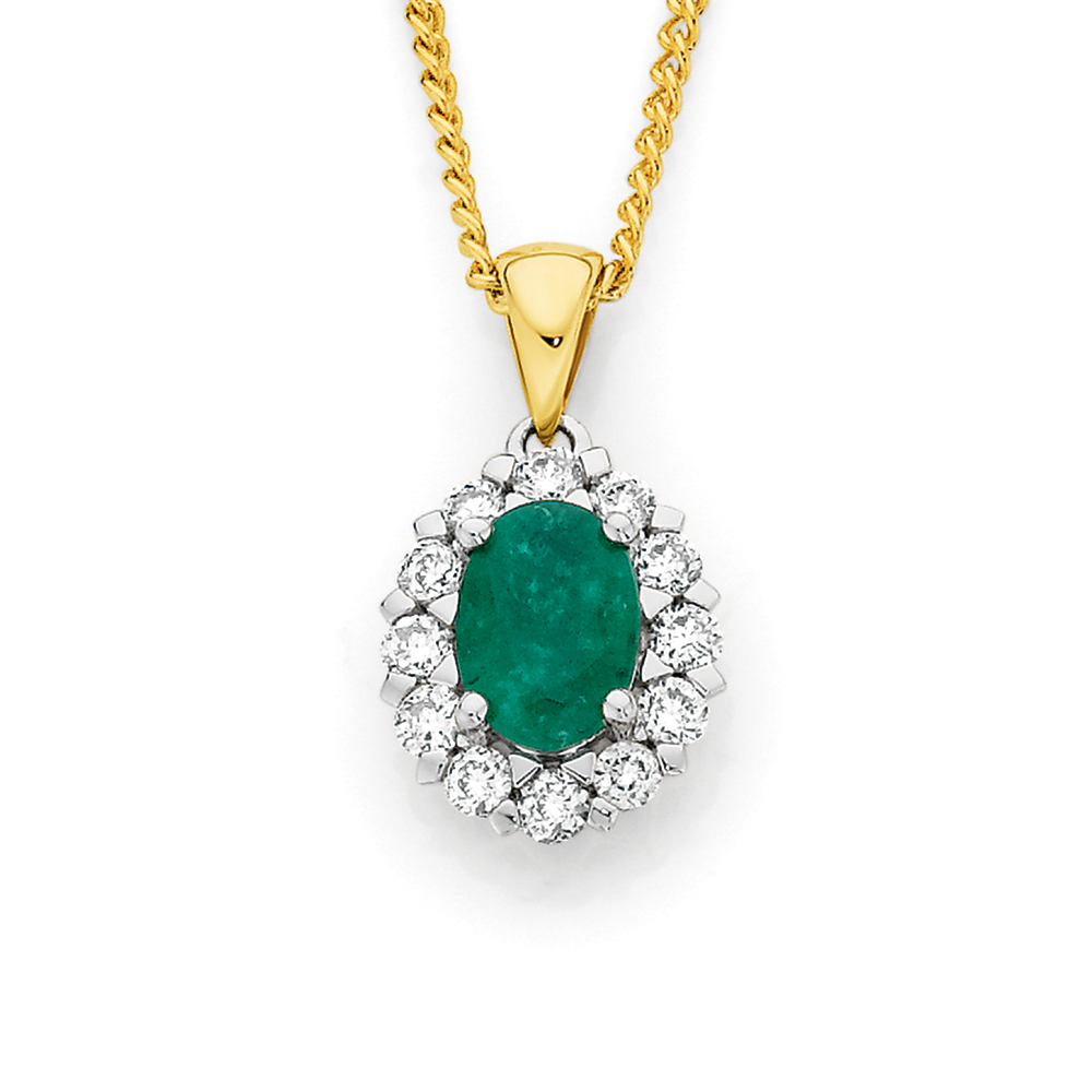 9ct, Emerald Diamond Oval Frame Pendant in Green Stewart Dawsons