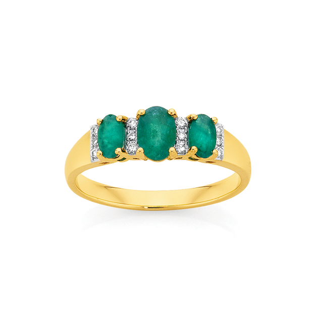 9ct, Emerald Diamond Trilogy Ring in Green Stewart Dawsons