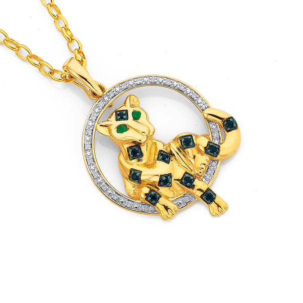 9ct Emerald Sapphire & Diamond Leopard Pendant