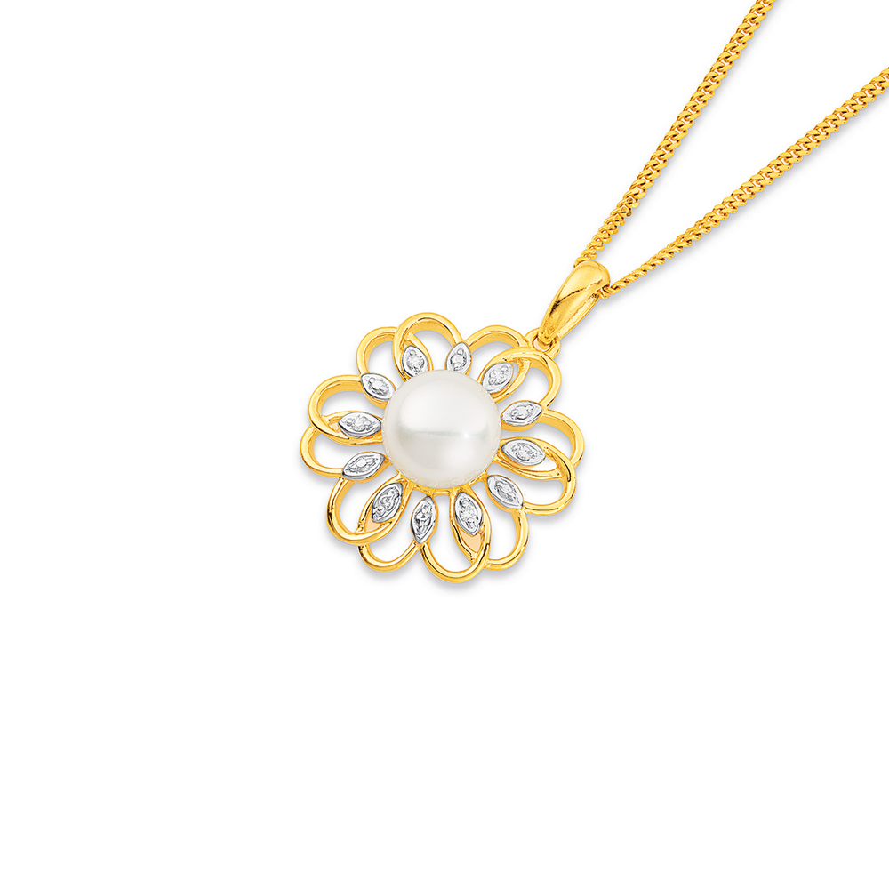 9ct Freshwater Pearl & Diamond Petals Pendant in White | Stewart