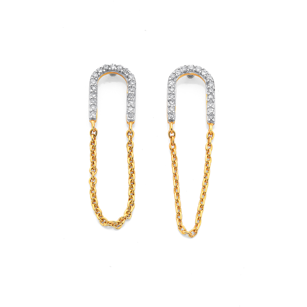 9ct Modern Diamond Set Curve With Chain Drop Earrings