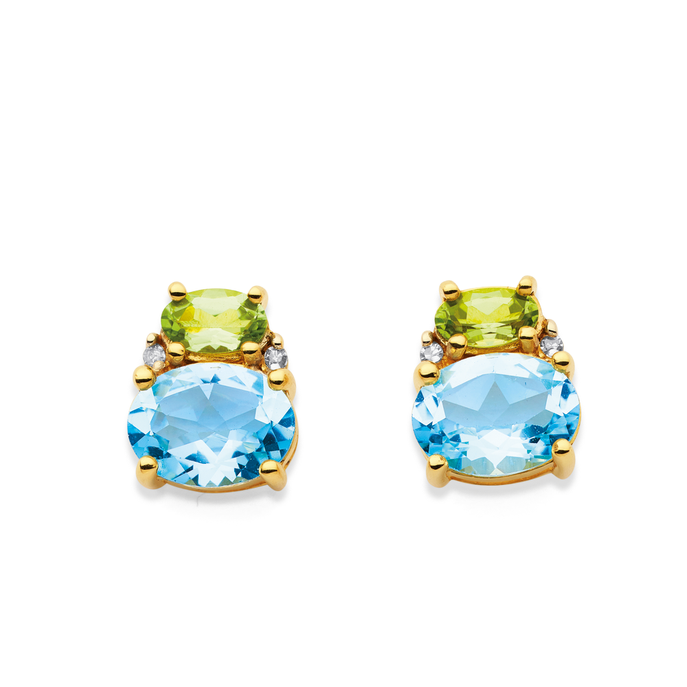 9ct, Oval Peridot, Sky Blue Topaz And Diamond Earrings in Multi
