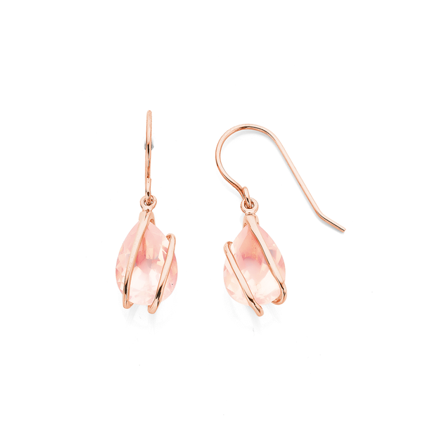9ct Rose Gold Hook Earrings Featuring A Rose Quartz Pear With Swirl
