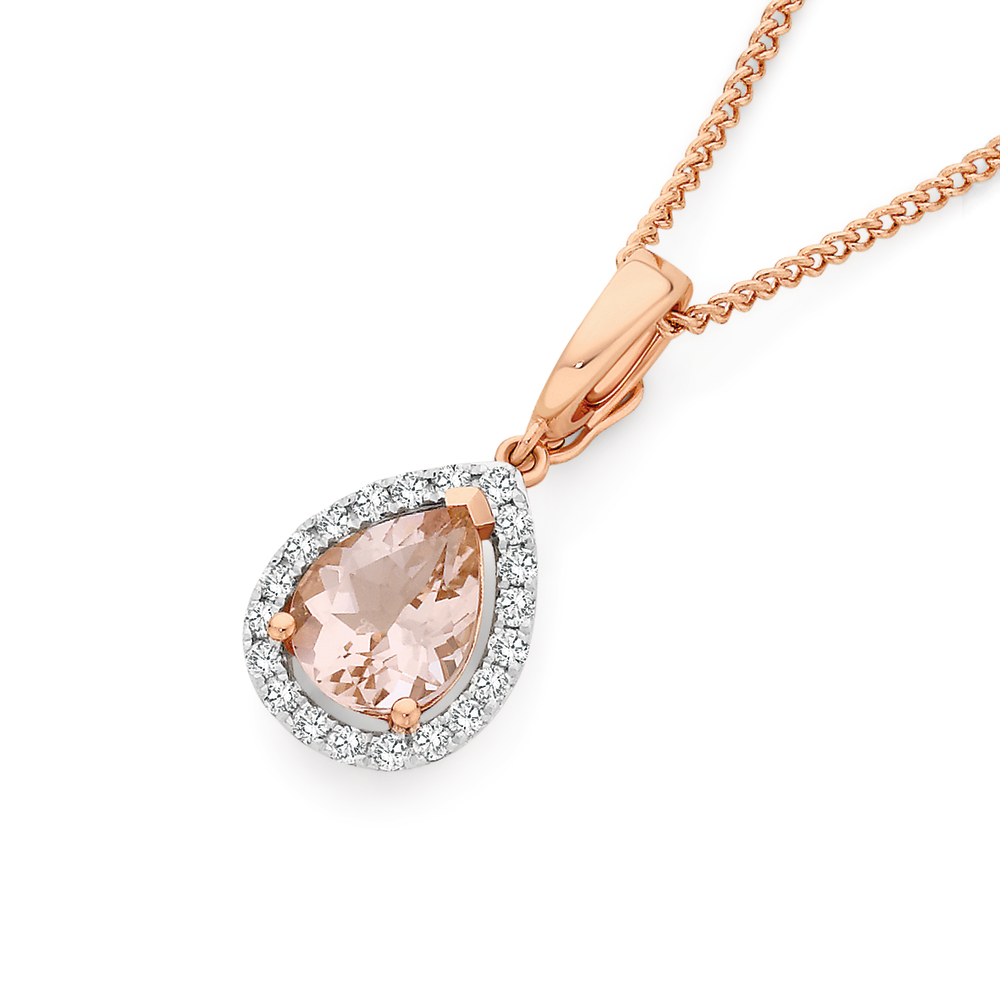 Oval Cut Morganite and Diamond Pendant in 9ct Rose Gold