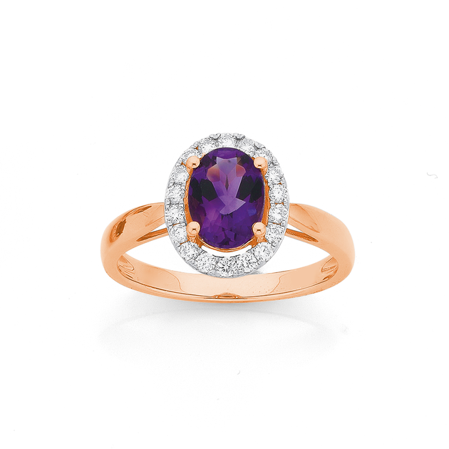 9ct Rose Gold, Oval Amethyst Diamond Ring Stewart Dawsons