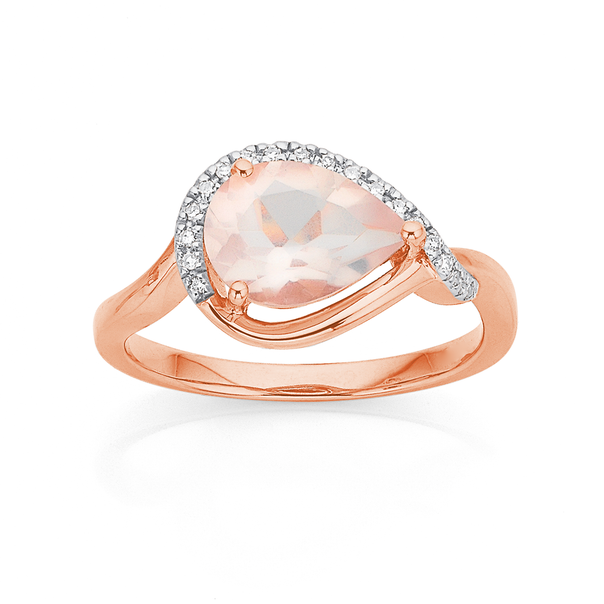 9ct Rose Gold Pear Rose Quartz with Diamond Surround Ring