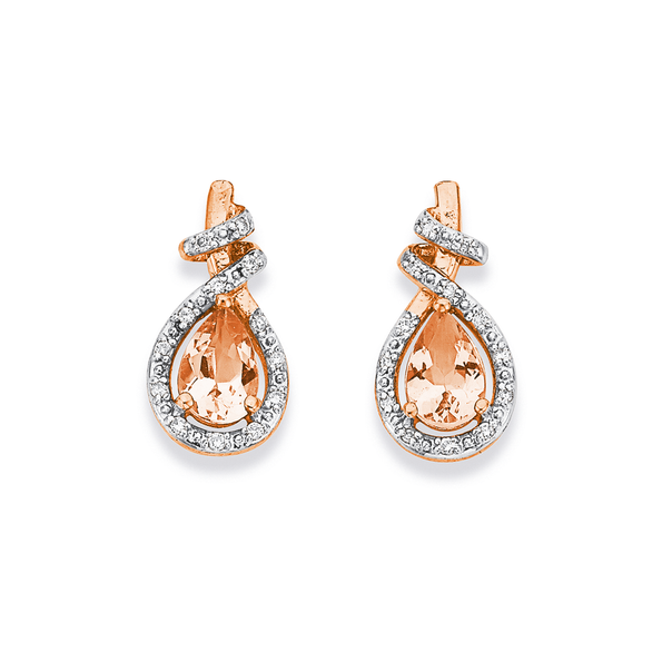 9ct Rose Gold Pear Shaped Morganite with Diamond Loop Earrings