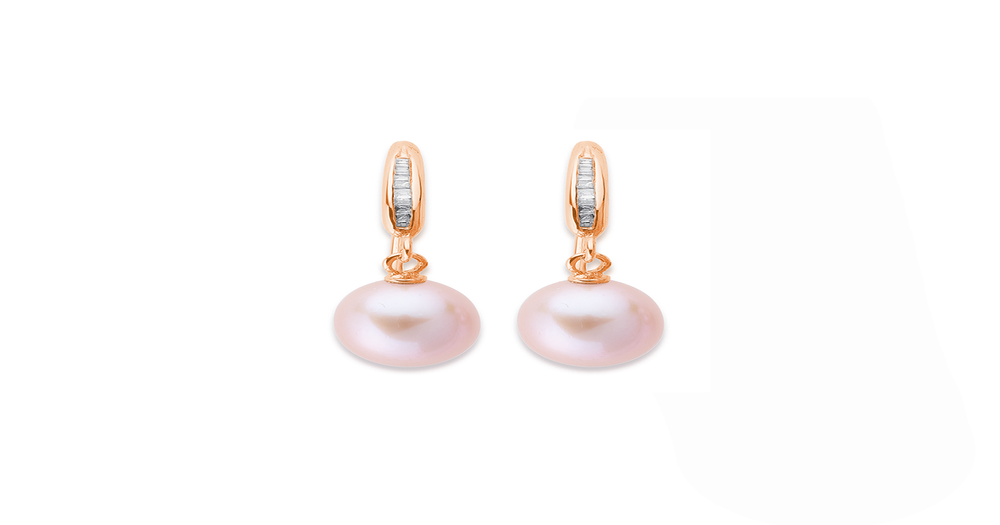 9ct Rose Gold, Pink Freshwater Pearl Diamond Hook Earrings in