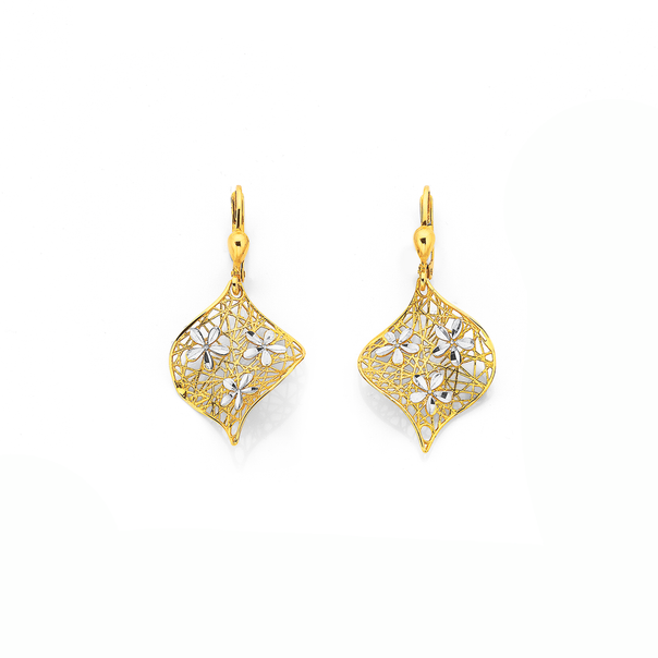 9ct Two Tone Diamond Cut Flower Earrings