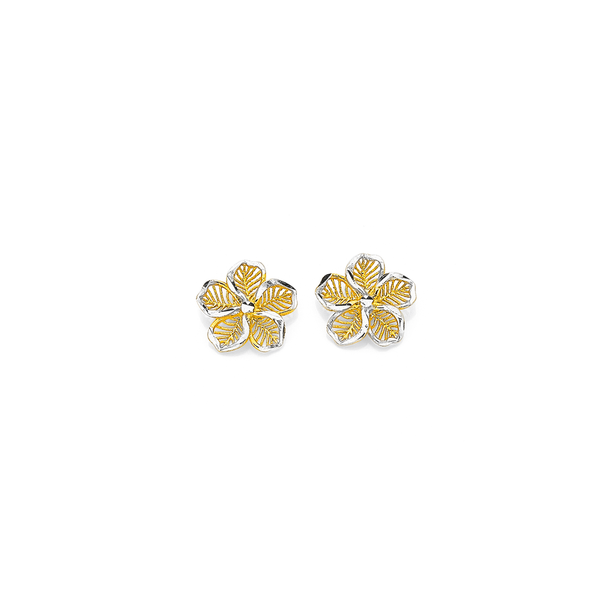 9ct Two Tone Diamond Cut Flower Stud Earrings
