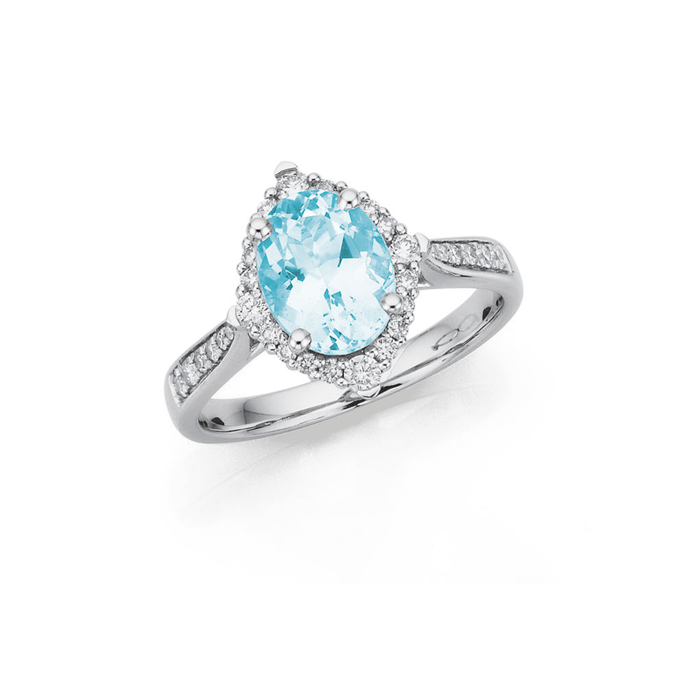 9ct White Gold, Aquamarine Diamond Ring in Blue