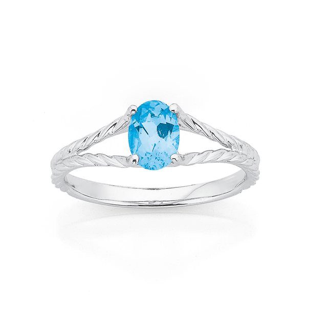 9ct White Gold Blue Topaz with Rope  with Split Rope Twist Ring