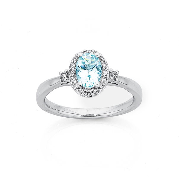 9ct White Gold Oval Aquamarine and Diamond Ring