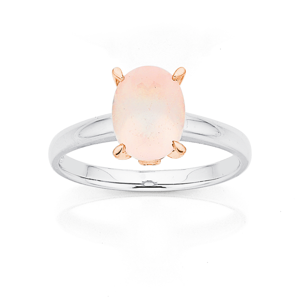 9ct White Gold with Rose Gold Setting Rose Quartz and Diamond Ring