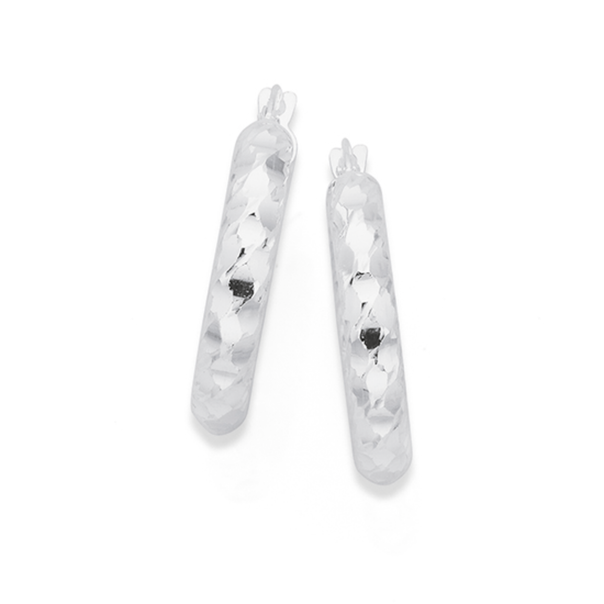 Silver 4x15mm Dia Cut Sparkle Hoop Earrings