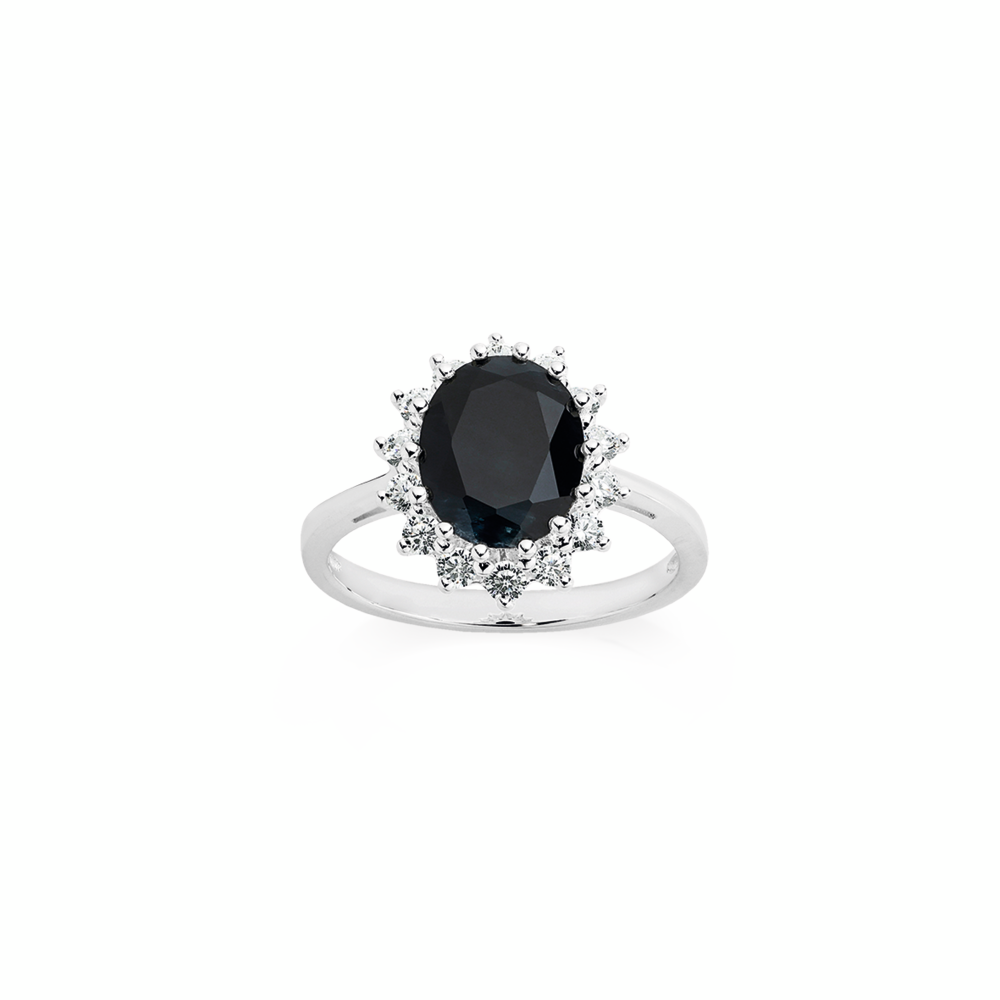Silver Natural 10x8 Black Sapphire Cubic Zirconia Cluster Ring