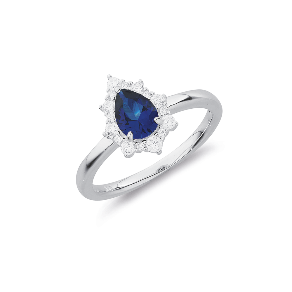 Sterling Silver Blue Cubic Zirconia Halo Ring in Blue Stewart