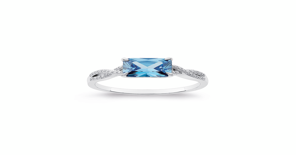 Sterling Silver Blue Rectangular Cubic Zirconia Ring With Twist ...