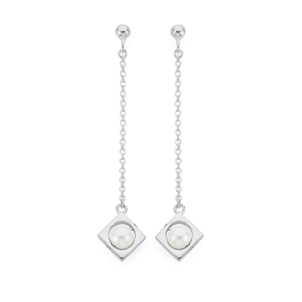 Sterling Silver Created Pearl Chain Earrings