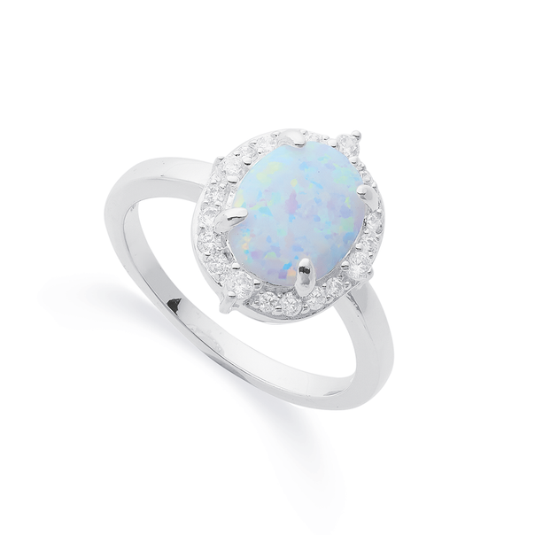 Sterling Silver Cubic Zirconia & Created Opal Oval Ring