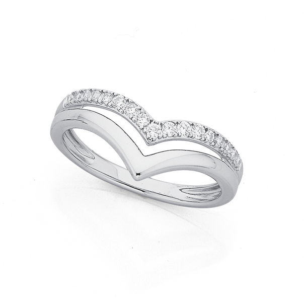 Sterling Silver Cubic Zirconia Double Chevron Ring