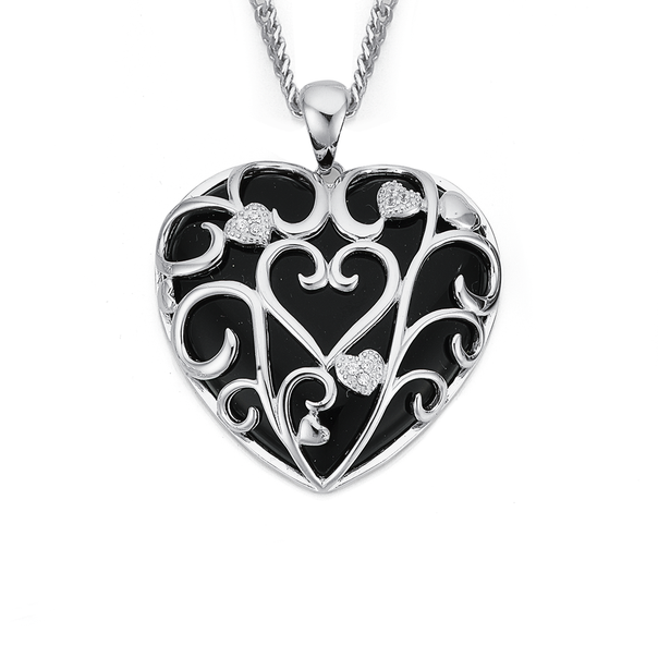 Sterling Silver Cubic Zirconia & Onyx Heart Pendant