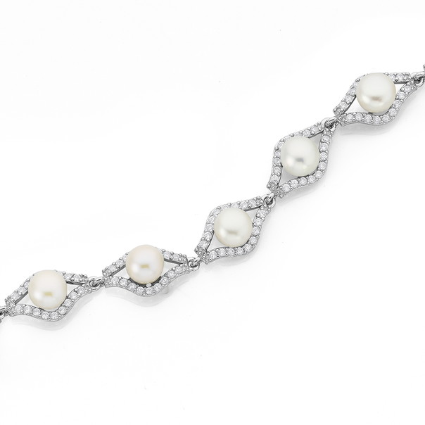 Sterling Silver Freshwater Pearl & Cubic Zirconia Bracelet