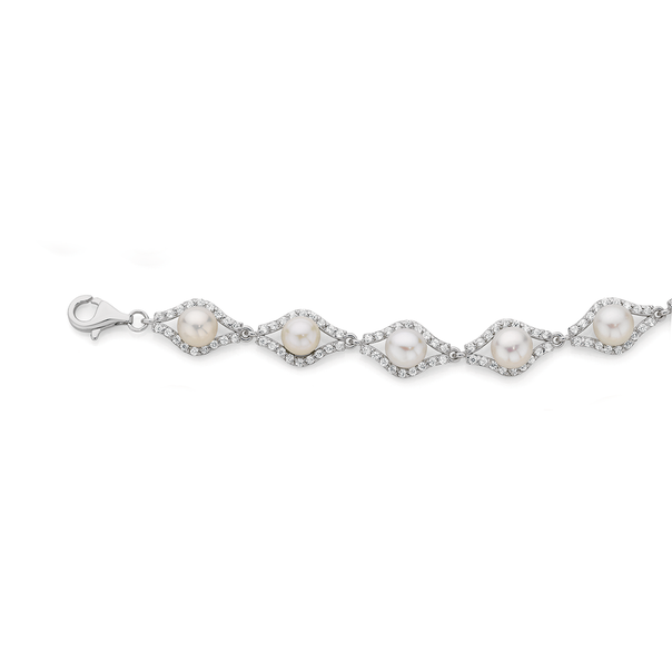 Sterling Silver Freshwater Pearl & Cubic Zirconia Bracelet