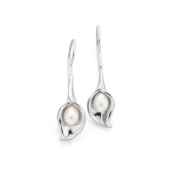 Sterling Silver Freshwater Pearl Inside Lily Flower Earrings