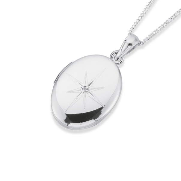 Sterling Silver Oval Locket with Diamond 18mm