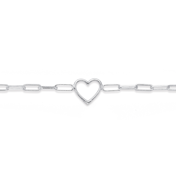 Sterling Silver Paperclip Link Heart Bracelet